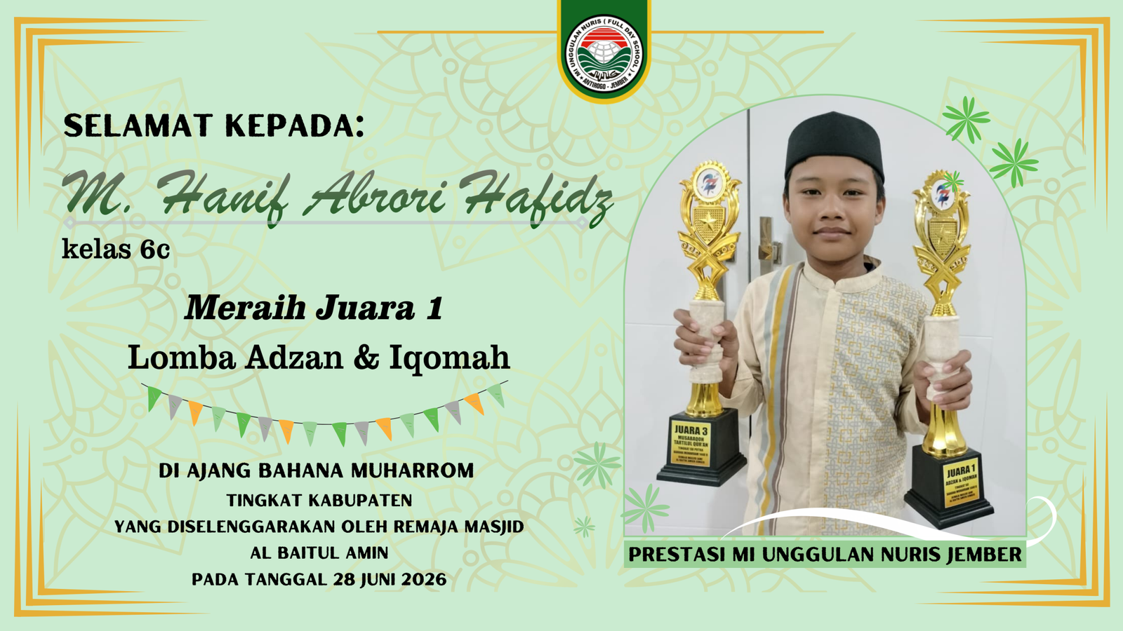 Geger! Siswa MI Unggulan Nuris Jember Ini Sabet Juara 1 Lomba Adzan!