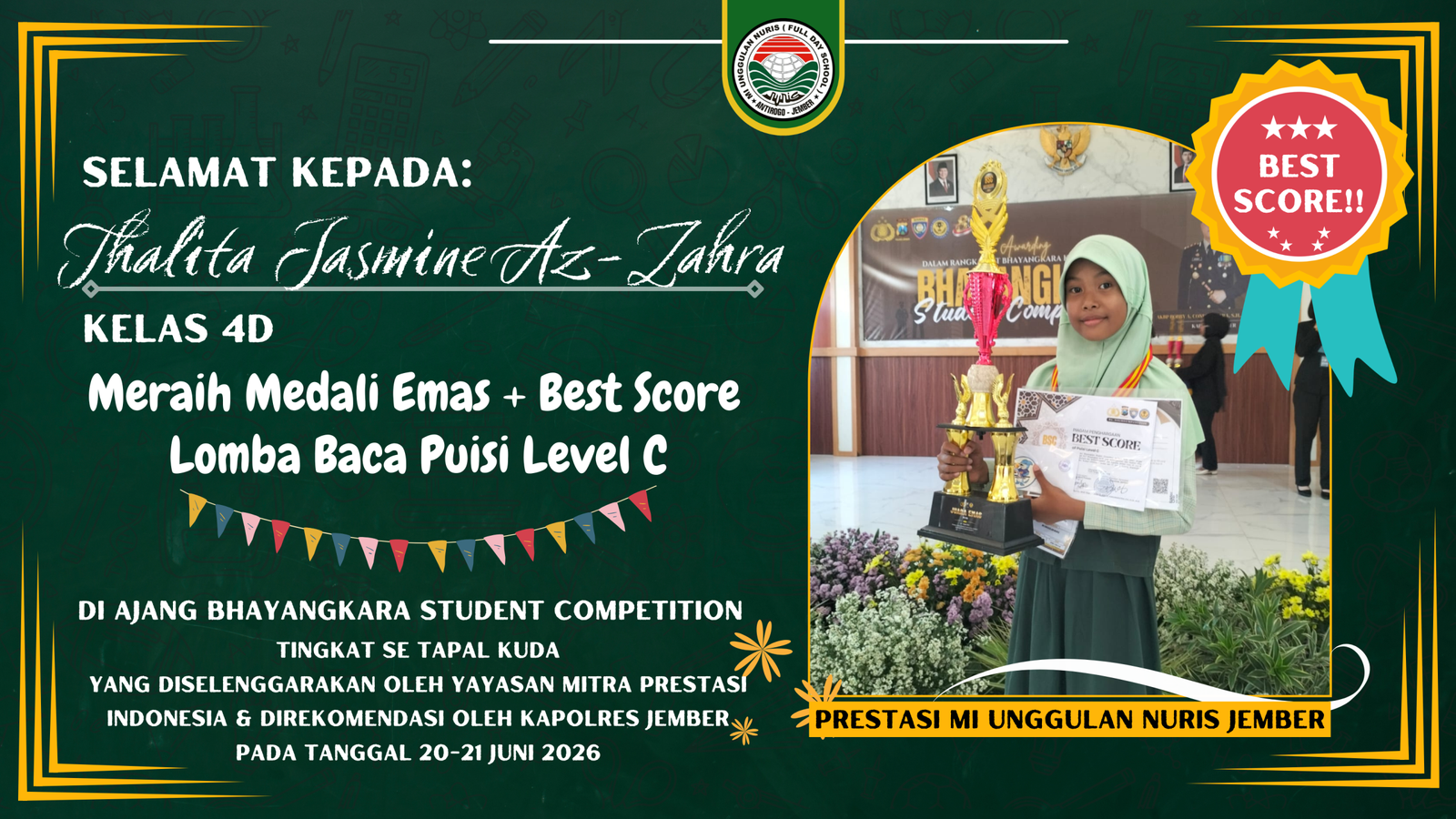 Raih Medali Emas dan Best Score! Jasmine Harumkan Nama MI Unggulan Nuris Jember!