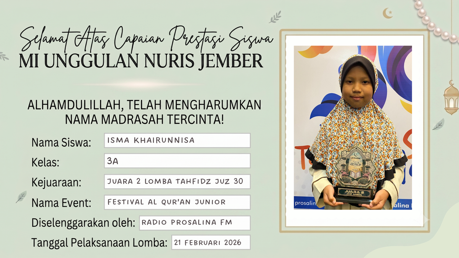 Bintang Tahfidh Cilik! Isma Kembali Harumkan Nama MI Unggulan Nuris Jember!