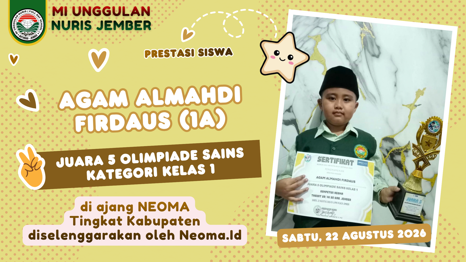 Kejutkan Semua, Agam Siswa MI Unggulan Nuris Jember Bawa Pulang Piala