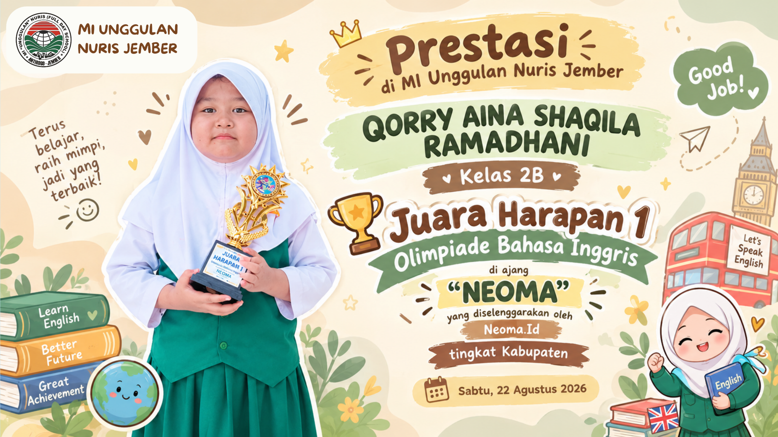 Bangga! Aina Persembahkan Trofi Bahasa Inggris untuk MI Unggulan Nuris Jember!
