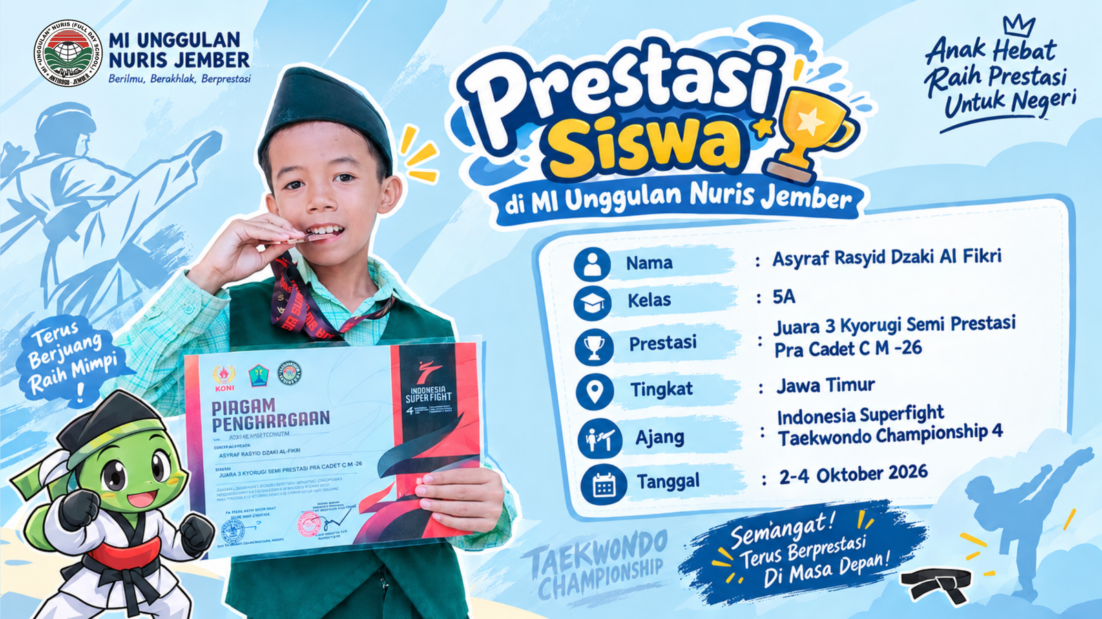Keren! Asyraf Siswa MI Unggulan Nuris Jember Berhasil Sabet Juara Taekwondo Se-Jatim!