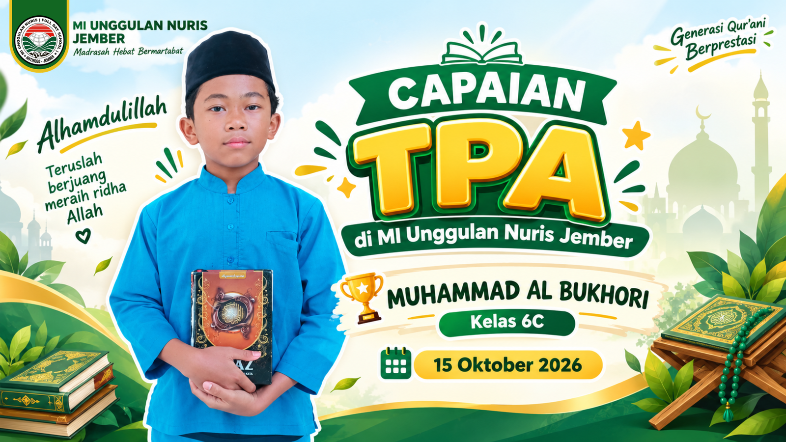 Muhammad Al Bukhori Siswa Kelas 6C Berhasil Menuntaskan Capaian TPA di MI Unggulan Nuris Jember