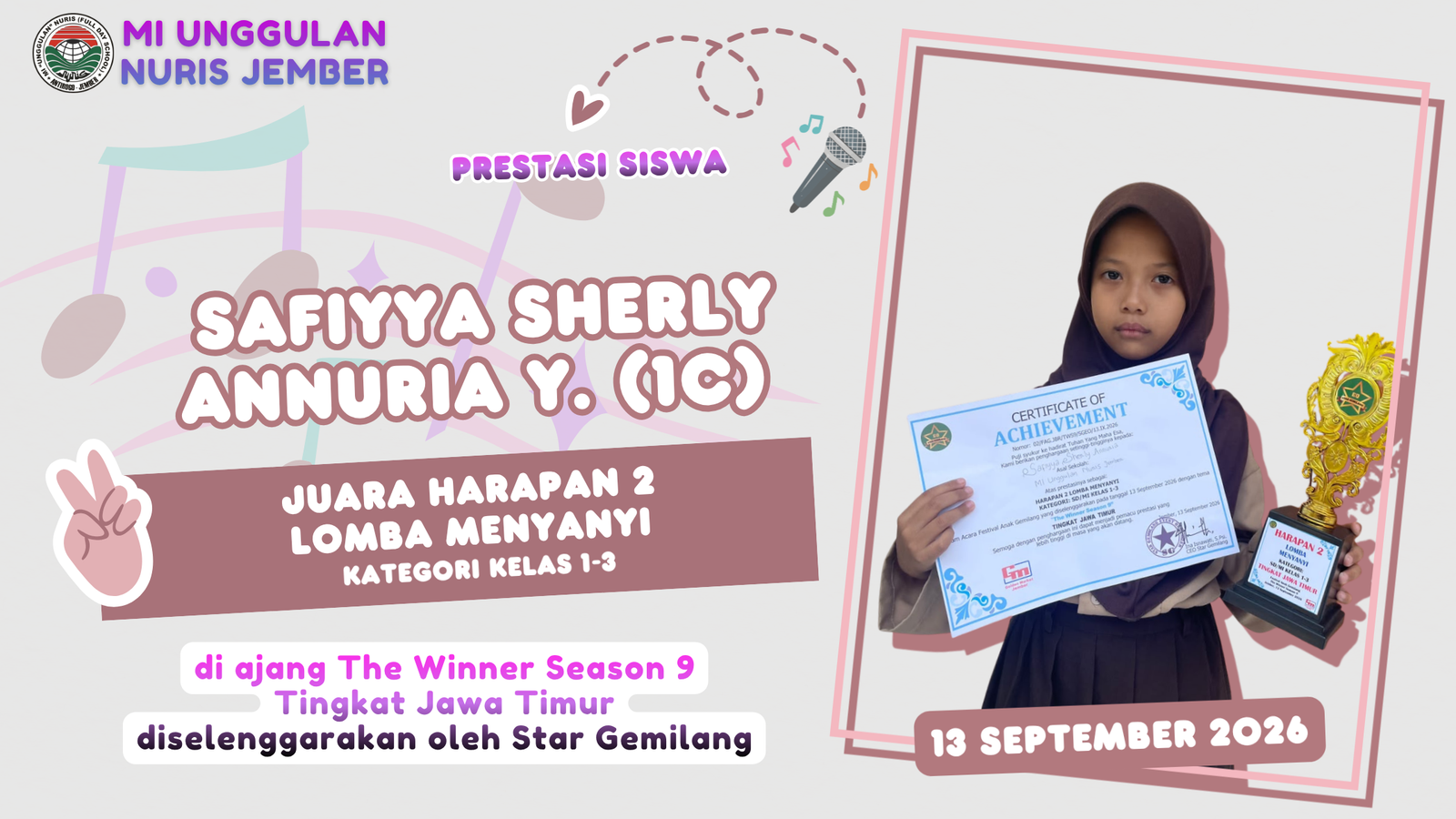 Si Centil Fiyya Berhasil Bawa Nama Baik MI Unggulan Nuris Jember di Tingkat Jawa Timur!
