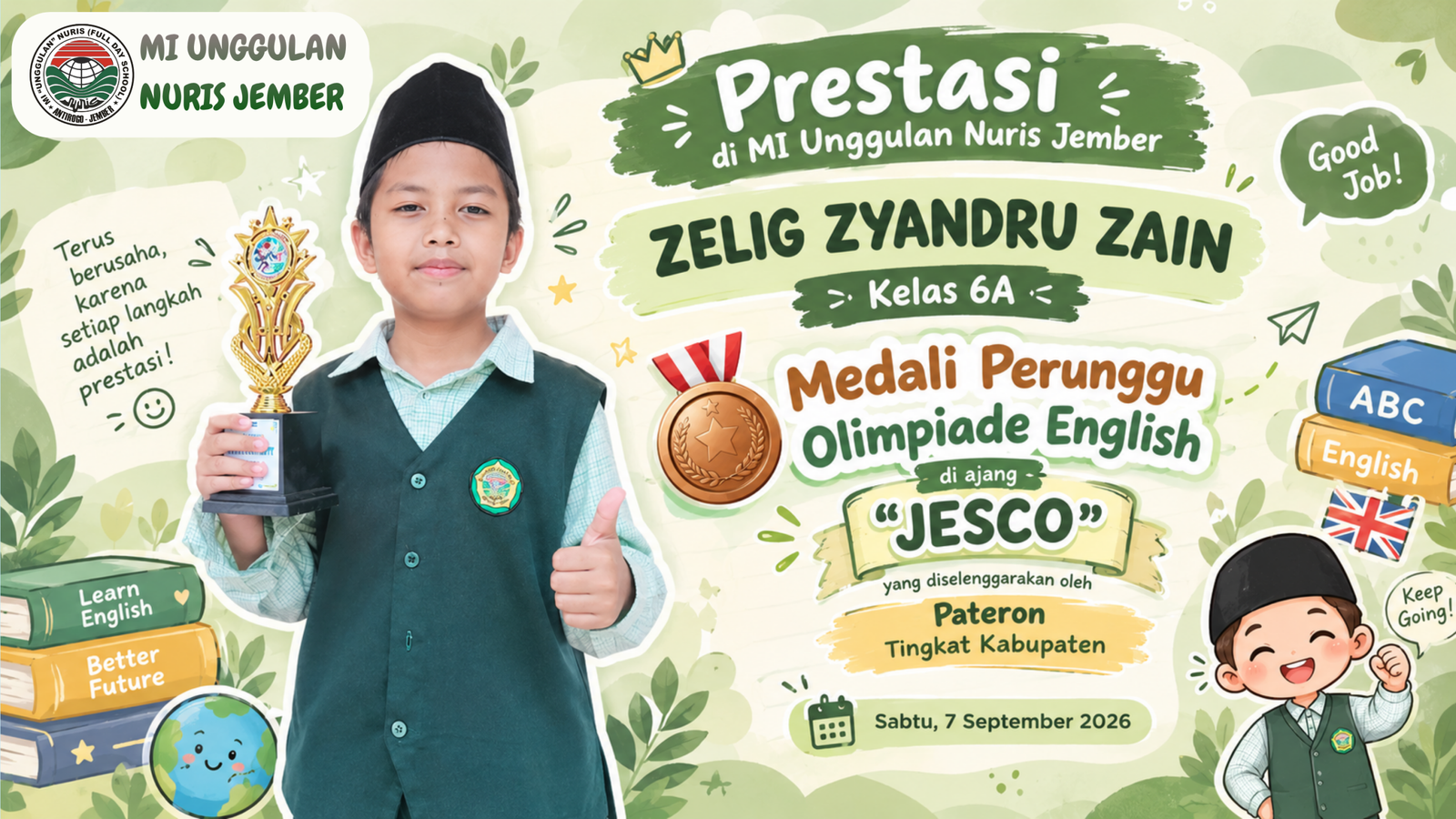 Mantap! Zelig Persembahkan Medali Bahasa Inggris untuk MI Unggulan Nuris Jember!