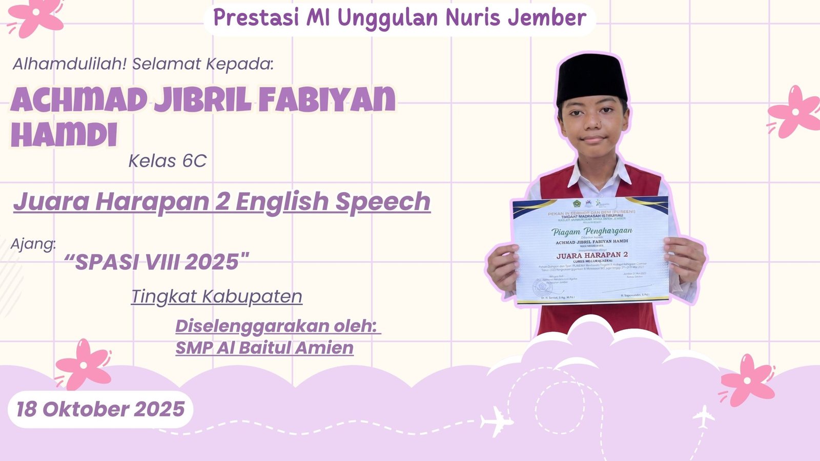 Jago Bahasa Inggris! Jibril Tinggalkan Jejak Juara untuk MI Unggulan Nuris Jember